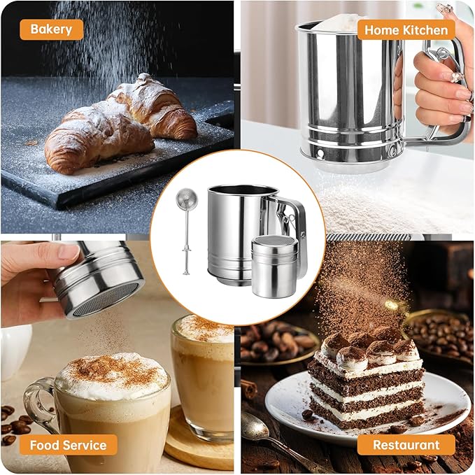 Flour Sifter, 3 in 1 Stainless Steel Sifter for Baking, 3 Cup Double Layer Fine Mesh Sifter, Powdered Sugar Shaker Duster Set for Baking Cakes, Pastries, Pies, Cupcakes and Desserts