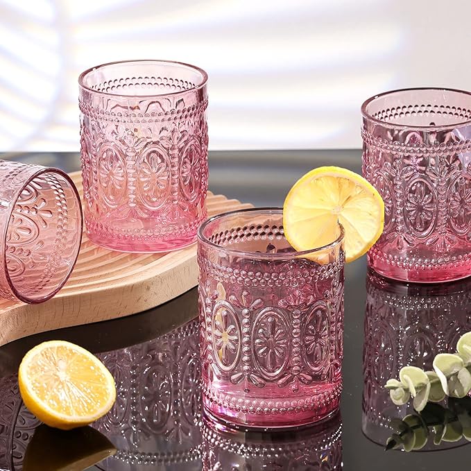 6 Pack Pink Vintage Glassware Set, 10oz Romantic Drinking Glasses, Colored Water Glasses, Pink Embossed Glass Cups for Juice, Cocktails, Beer, Iced Tea, Soda