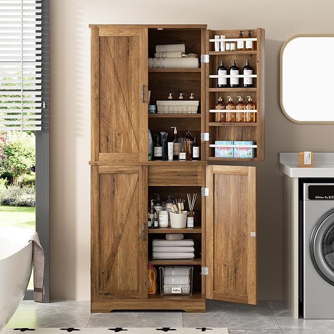 Shintenchi Kitchen Pantry Cabinet, Freestanding Farmhouse Storage Cabinet with 8 Door Shelves, 2 Cabinets and 1 Drawer, Tall Cupboard for Kitchen, Living Room, Dining Room and Bathroom, Rustic Brown