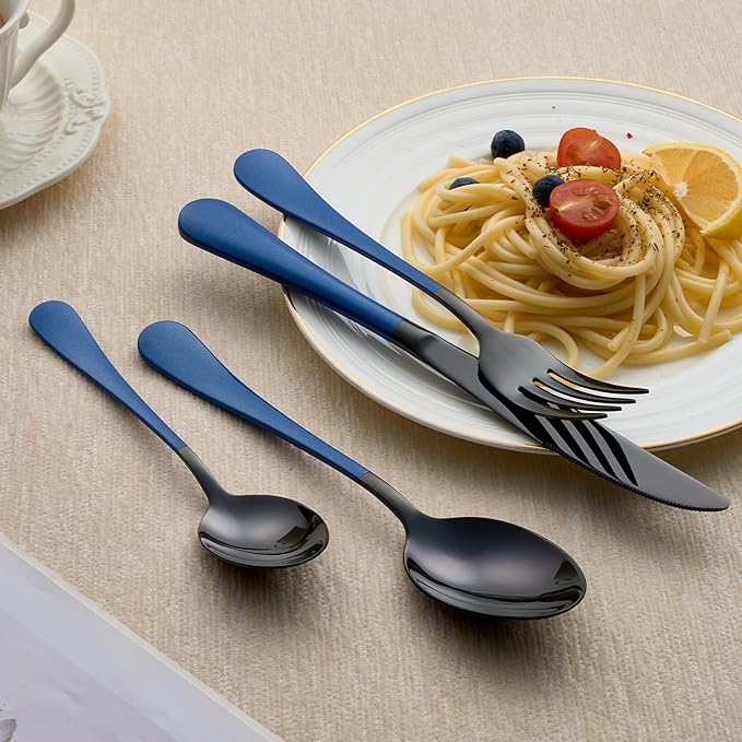 20-Piece Black and Dark Blue Silverware Set 18/0 Stainless Steel Silverware Set Dark Blue Handle Cutlery Set Service for 4 Dinner Knives Forks Spoons Set Flatware Set Finish Dishwasher Safe