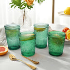 12pcs Vintage Drinking Glasses Set, 12 oz Highball Glasses & 9 oz Embossed Ribbed Glassware Cups for Cocktail, Water, Juice, Coffee, Whiskey (Atroviens)