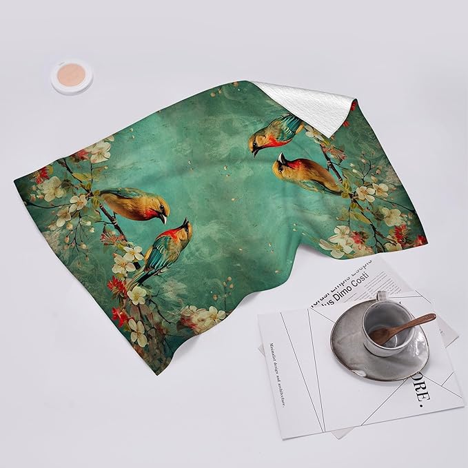 Cute Birds Kitchen Towels Decorative Set, Green Absorbent Dish Towels Tea Towels Hand Towels for Kitchen Bathroom Bar Farmhouse Decor,Gifts for Bird Lovers