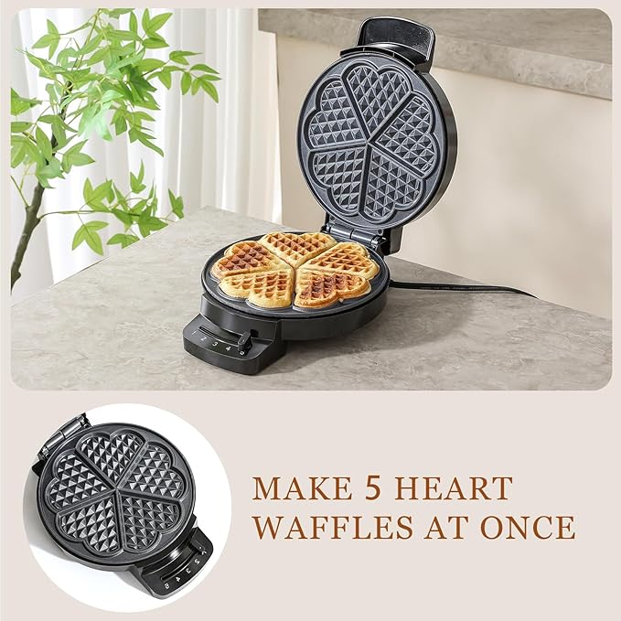 Heart Waffle Maker, Heart Shaped Waffle Iron 5 Slices, Mini Waffle Makers with 8'' Non-stick Plates, Adjustable 5 Browning Control, Cool Touch Handle, Easy to Clean, 1000W