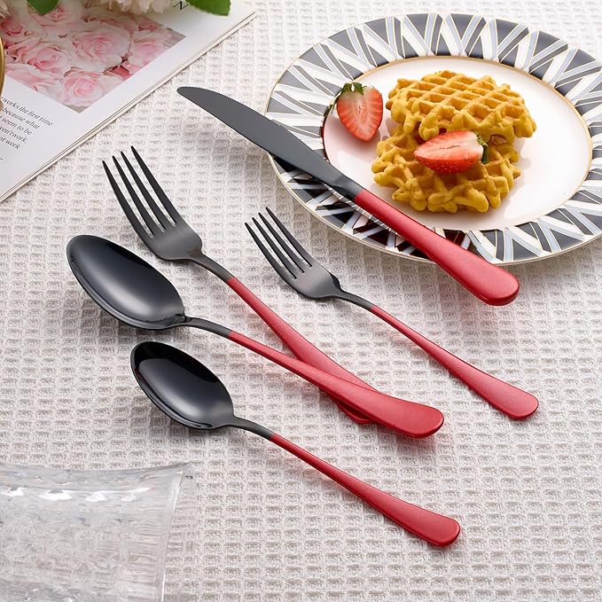 20 Piece Black Red 18/0 Flatware Utensil Set for 4, Include Dinner Knife,Dinner Forks,Dinner Spoons,Salad Forks,Teaspoons,Silverware Set for 4, Dishwasher Safe
