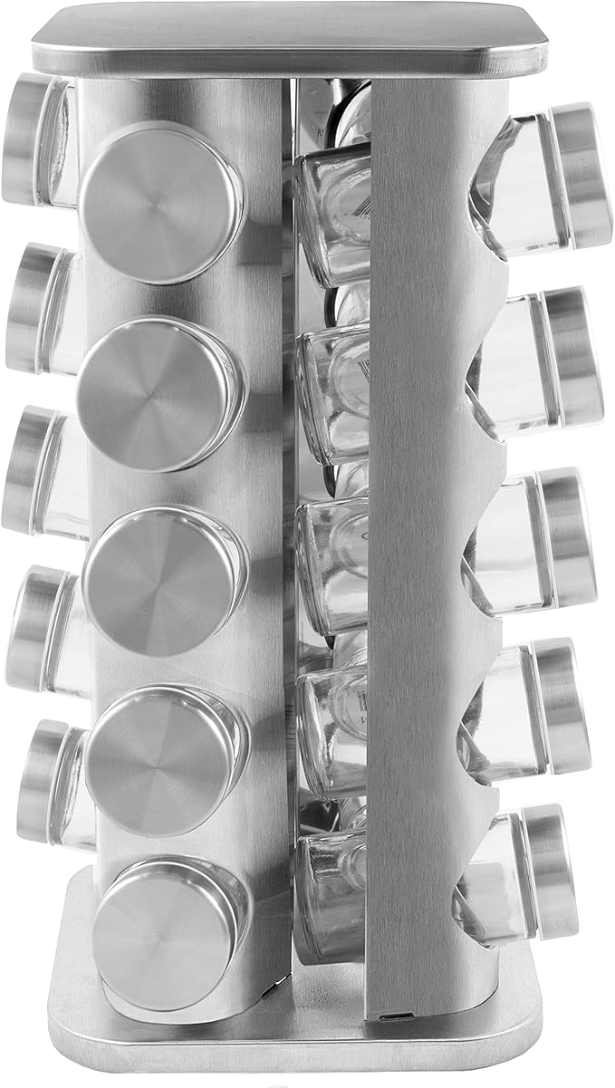 Orii 20 Jar Stainless Steel Rotating Spice Rack - No Spices - Stainless Steel Lids and Glass Jars
