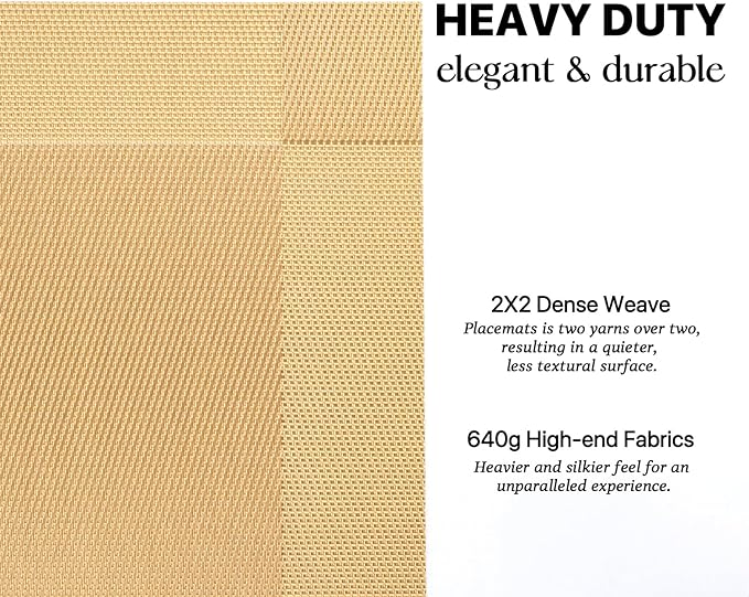 LEXMORE Placemats Set of 6 Vinyl/Plastic Woven Place Mats for Kitchen Table Indoor/Outdoor Washable Placemat Wipeable Dining Table Mats(Gold Cube)