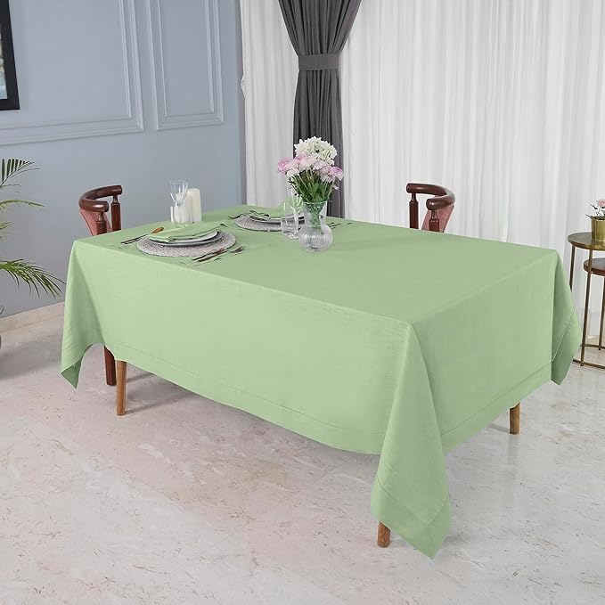 D'Moksha Homes Sage Green Linen Tablecloth for Rectangle Tables 60 x 90 Inch - 100% Pure Linen Green Table Cloth - Classic Hemstitch, Machine Washable Tablecloth for Summer, Fall and Halloween
