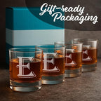 (E-Monogram)- 4 Piece Set of 11 Ounce Engraved Heavy Base Rocks Glasses Elegant Glass-Multi-Purpose Beverage-Rocks Glass- Gift for any Occasion- By: On The Rox