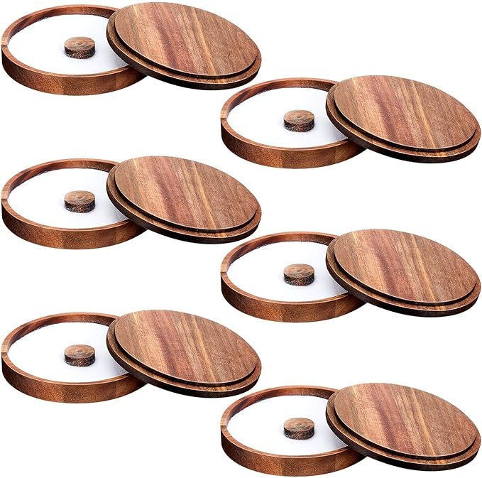 6 Pcs Margarita Salt Rimmer Set Glass Rimmer with Lid Home Bar Accessories Plate for Sugar Drinks Cocktails Bartender Tool Kit Party Restaurant, 5.9" Diameter (Acacia Wood)