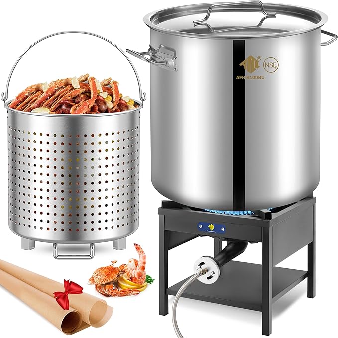 ARC 100QT Stainless Steel Seafood Boiling Kit, 200,000BTU Propane Burner for Outdoors Cooking, Large Stock pot w/Basket for Shrimp, Lobster, Crab Crawfish, Turkey Deep Fryer, Seafood Boil Pot 24GALLON