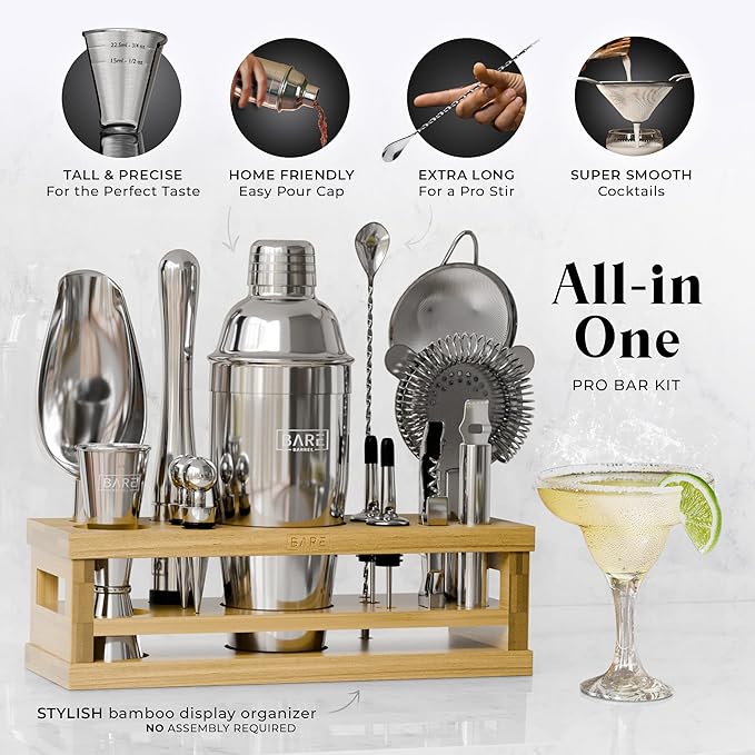 BARE BARREL® Mixology Bartender Kit Bar Set | 16-Piece Cocktail Shaker Set | Martini Barware Mixing Tools for Home Bartending | Incl. 35 Recipe Cards | Gift Set (24oz Cobbler Shaker, Silver/Natural)