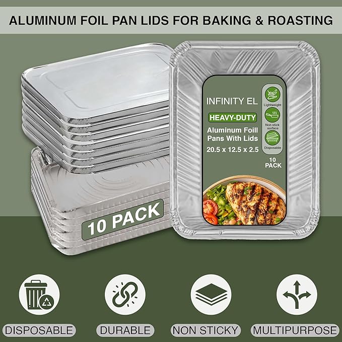 INFINITY EL Disposable Aluminum Foil Pan with Lids 10 Pack | Full Size Steam Shallow 20.5" x 12.5" x 2" Heavy Duty Aluminum Pan with Lids | Disposable Baking Pan for Roasting Turkey, Lasagna, Parties