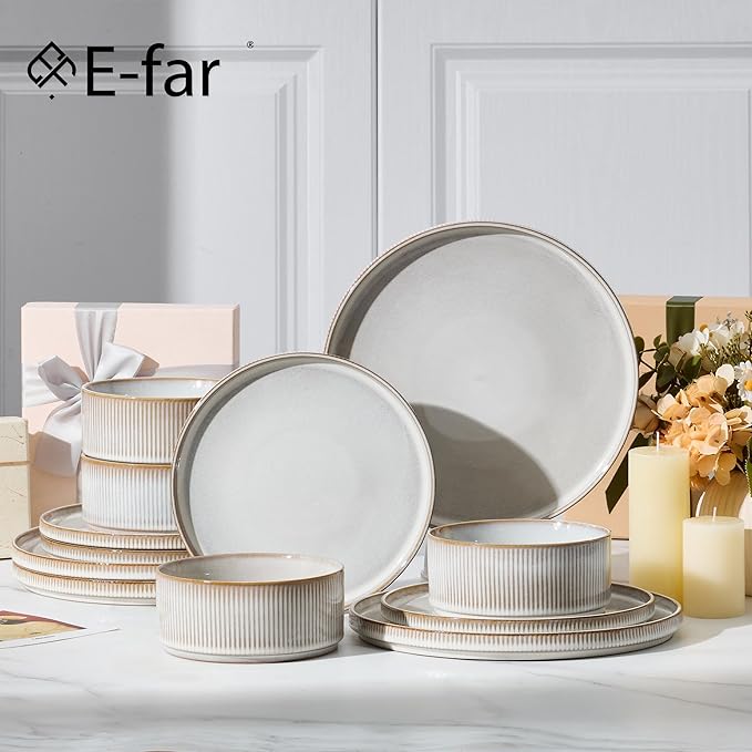 E-far Stoneware Dinnerware Sets, 18-Pieces Modern Plates and Bowls Sets, Kitchen Dinning Porcelain Dishes Set for 6, Chip & Scratch Resistant, Dishwasher & Microwave Safe, Creamy Beige