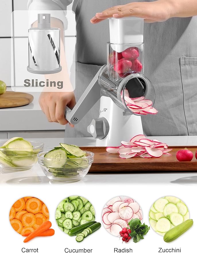 Cheese Grater Rotary, Rotary Grater for Kitchen, Kitchen Grater Vegetable Slicer with 3 Drum Blades, Fast Cutting Cheese Shredder for Vegetables and Nuts