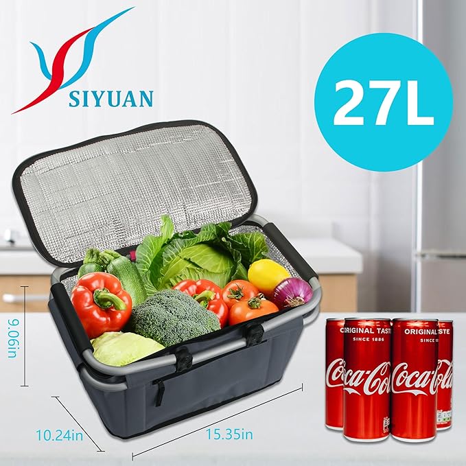 SIYUAN Collapsible Picnic Basket Insulated with Lid 27L Large Capacity Reusable Portable Folding Market Shoping Bag with Handles for Grocery