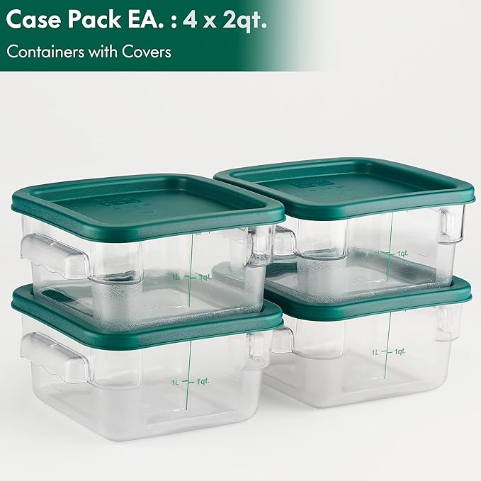 CURTA 4 Pack Food Storage Container with Green Lid - NSF Listed Commercial Grade in 2.0 Qt - Square, Clear, Polycarbonate