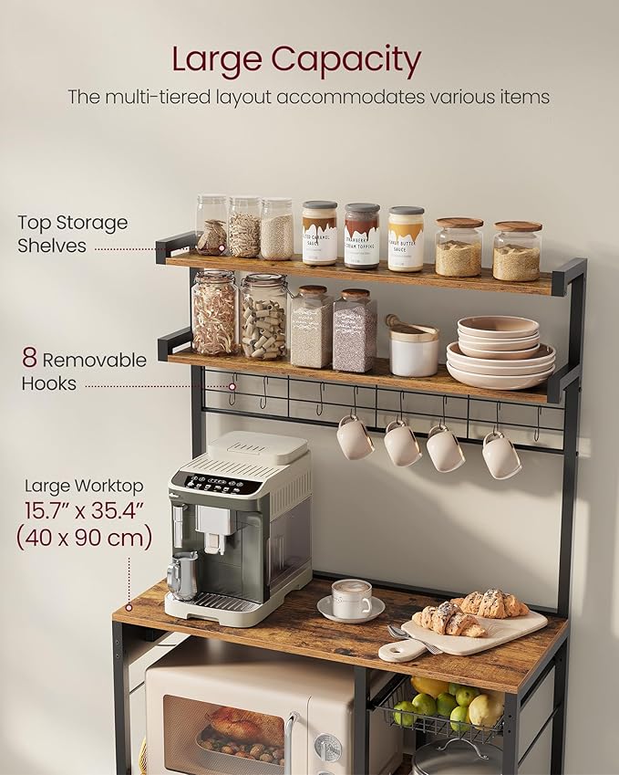 VASAGLE Bakers Rack with Power Outlet, 35.4 Inches Microwave Stand, Coffee Bar, 4 AC Outlets, with Adjustable Shelves, 8 S-Hooks, Basket, Spice Racks, Rustic Brown and Ink Black UKKS031K01