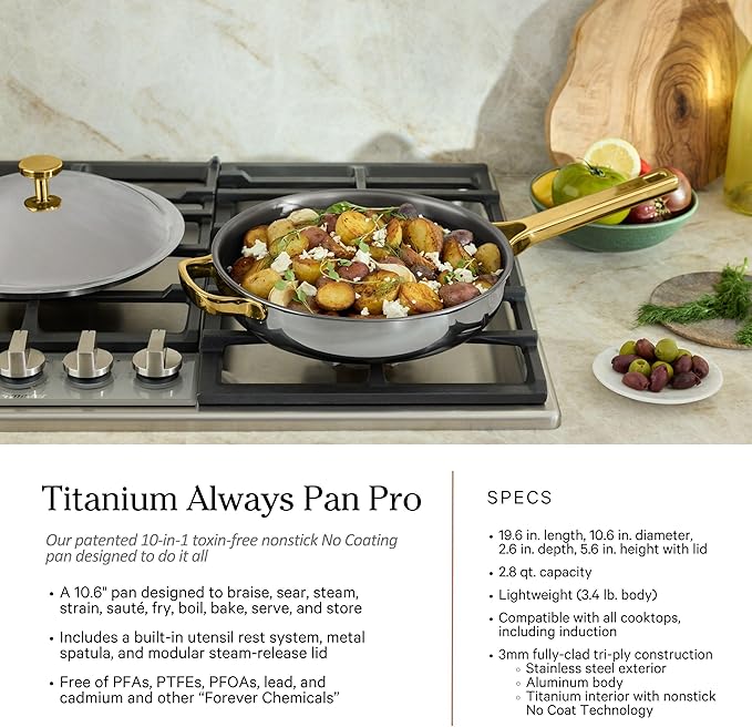 Our Place Titanium Pro Cookware Set | Standard & Mini Always Pans & Perfect Pots | Coating-Free Titanium Nonstick, Tri-Ply Stainless & Aluminum | Oven, Induction & All Cooktops up to 750°F | Gold