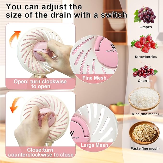 Fruit Washing Bowl with Strainer, Fruit Strainer container with Lid, Portable Fruit Colander with Collapsible Handle, 3 in 1 Fruit Fridge Container Salad Stir Fruit Cleaning Drainer for Kitchen