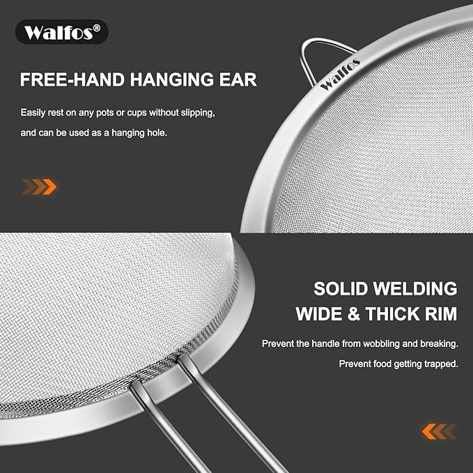 Walfos Large Fine Mesh Strainer 9.35" & 7.8", Stainless Steel Mesh Sieve with Sturdy Handle, Kitchen Metal Food Strainers for Quinoa, Rice, Pasta, Fruits, Vegetables, etc., Set of 2