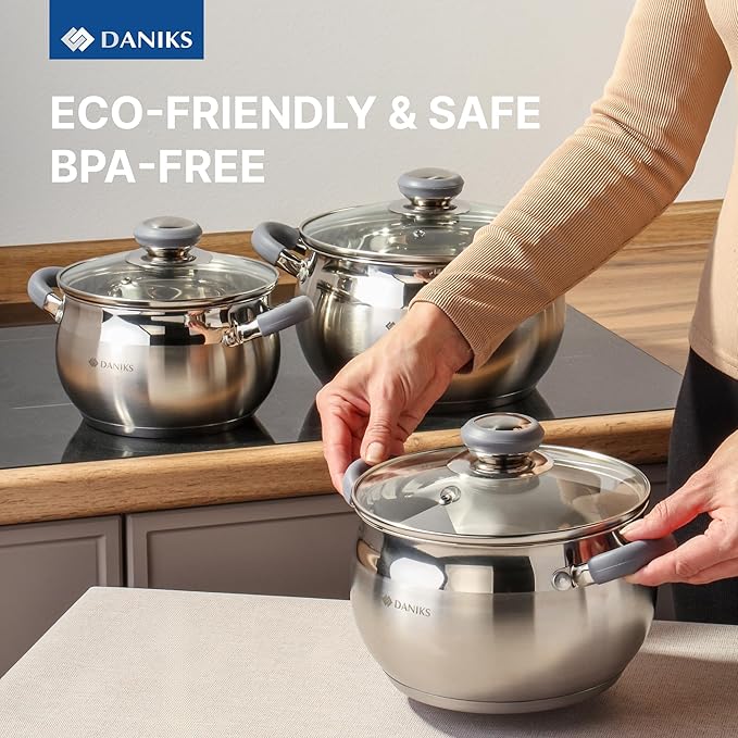 Daniks Modern 2 Quart Stainless Steel Stock Pot with Glass Lid, Tri-Ply Bottom for Even Heating, Induction Compatible, Dishwasher Safe, Heatproof Handles