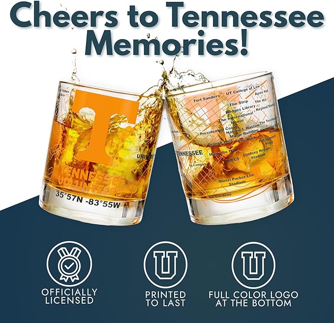 Greenline Goods – University of Tennessee Volunteers College Whiskey Glasses (Set of 2), 10 oz – Full-Color Logo + Campus Map