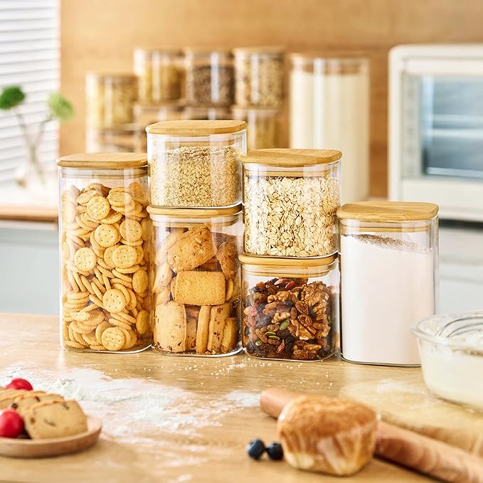 Extra Large Square Glass Flour & Sugar Storage Containers with Airtight Lids, 168 floz - 2 Pack Glass Jars with Bamboo Lids for Pantry, Air tight Food Storage Containers for Cereal, Pasta, Rice