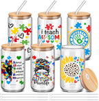 6 Pcs Autism Mom Gifts Tumbler 16 oz Autism Awareness Glass Cups with Lids and Straws Can Shape Autistic Iced Coffee Cup for Autistic Mom Teacher