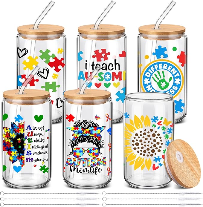 6 Pcs Autism Mom Gifts Tumbler 16 oz Autism Awareness Glass Cups with Lids and Straws Can Shape Autistic Iced Coffee Cup for Autistic Mom Teacher