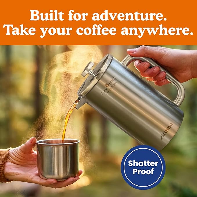 Ziruma Non-Toxic French Press, Surgical Stainless Steel Coffee Press, Plastic-Free, Heavy Metal-Free, No Endocrine Disruptors, 34 Oz, Double Wall, 4-Layer Filter, Portable Coffee Maker