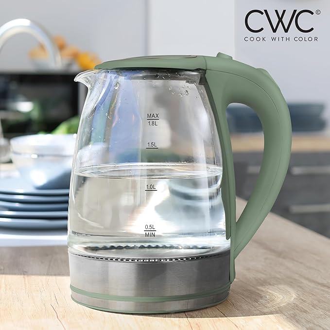 COOK WITH COLOR Electric Tea Kettle, 1.8L Cordless Hot Water Boiler, 1200W Rapid Boil, Auto Shutoff & Boil Dry Protection, BPA-Free, Sleek Countertop Design, Green