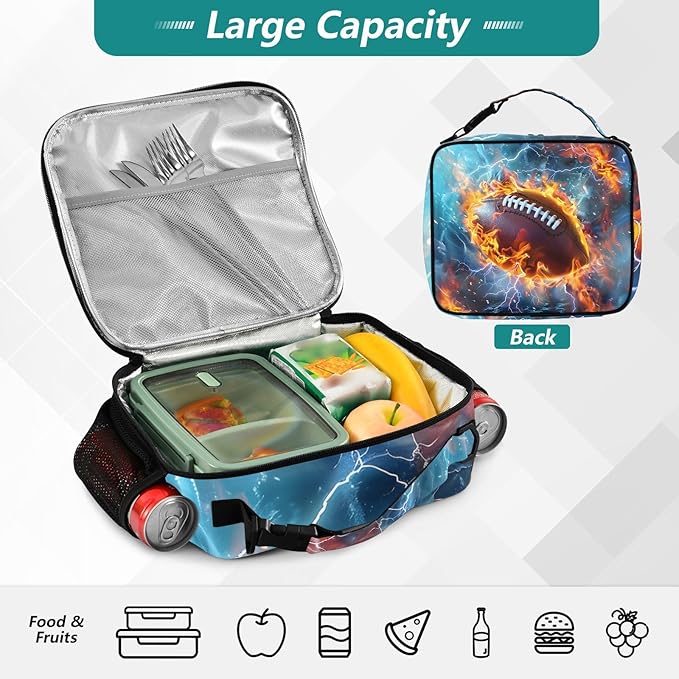 American Football Lunch Bag for Teens Boys Cool Insulated Lunch Box with Adjustable Shoulder Belt Cooler Bag for Sports Travel Camping College