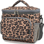 FlowFly Insulated Reusable Lunch Bag Adult Large Lunch Box for Women and Men with Adjustable Shoulder Strap,Front Zipper Pocket and Dual Large Mesh Side Pockets,Leopard