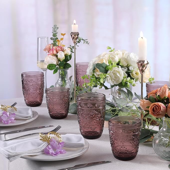 6Pcs 14OZ Drinking Glasses, Purple Drinking Glasses, Colored Glassware Drinking, Highball Beverage Glasses Cup, Vintage Glassware Set for Water, Juice, Cocktail, Coffee