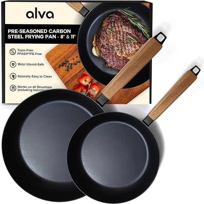 Alva Forest 8" & 11" Carbon Steel Frying Pan Set – Naturally Nonstick, Pre-Seasoned, with Acacia Wood Handle, Made Without PTFE, PFOA, PFAS – Sustainable Belgian Design, Induction & All-Stovetop Safe
