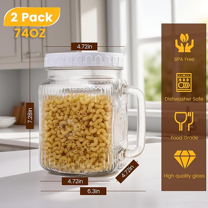 Amzcku 2 Pack Large Glass Mason Jars, 74 oz Wide Mouth with Lid with Handles for Fridge, Glass Canisters for Food Storage, DIY Decor, Perfect for Sugar, Flour, Cookies, Pickles, and More