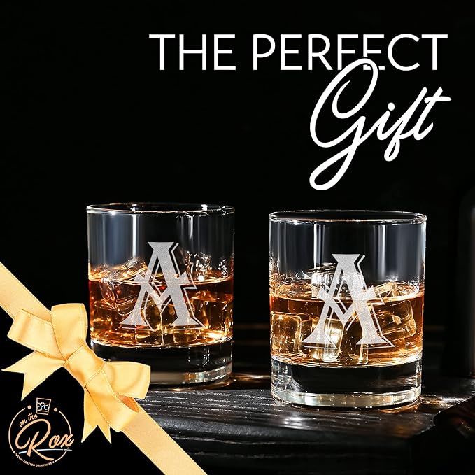 Monogrammed Gifts for Men - 4PC 11 Oz Custom Whiskey Glasses (A-Monogram) - Engraved Whiskey Glasses - Personalized Whiskey Glasses - Unique Bourbon Glasses - Personalized Glass Gifts for Dad