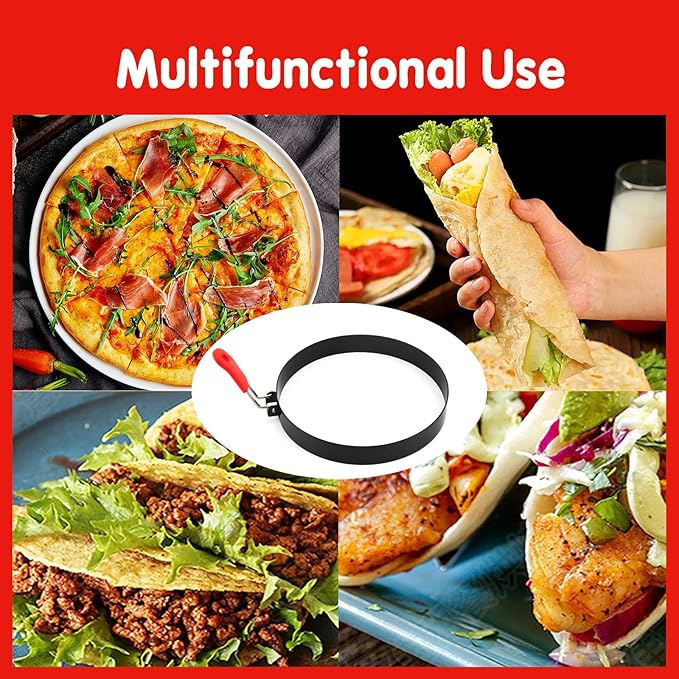 Egg Rings 2 Pack 6" Pancake Mold Nonstick Round Pancake Egg Mold with Silicone Handle Stainless Steel Frying Eggs Ring for Griddle Sandwich Eggs Muffin Pancakes Breakfast (red 2pcs 8inch)