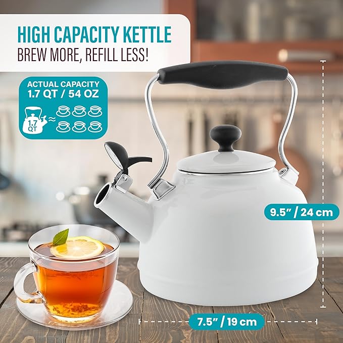 Chantal Tea Kettle, 1.7 QT, Vintage Series, Premium Enamel on Carbon Steel, Whistling, Even Heating & Quick Boil (White)