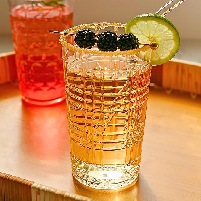 Kate Aspen Clear Plaid Acrylic Glasses Drinkware, Plastic Drinking Glasses Set of 8, 22 oz, Tumblers & Water Glasses Dishwasher Safe, BPA-Free Plastic Cups Reusable for Kithchen, Outdoor, Patio