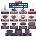Bakken Master 20 Piece Cookware Set - Pots and Pans with Handle Grips and Tempered Glass Lids, With 6-piece Bakeware Set, Nonstick Granite Coating, Ceramic Max Temperature (Up To 500°F), Brown Marble