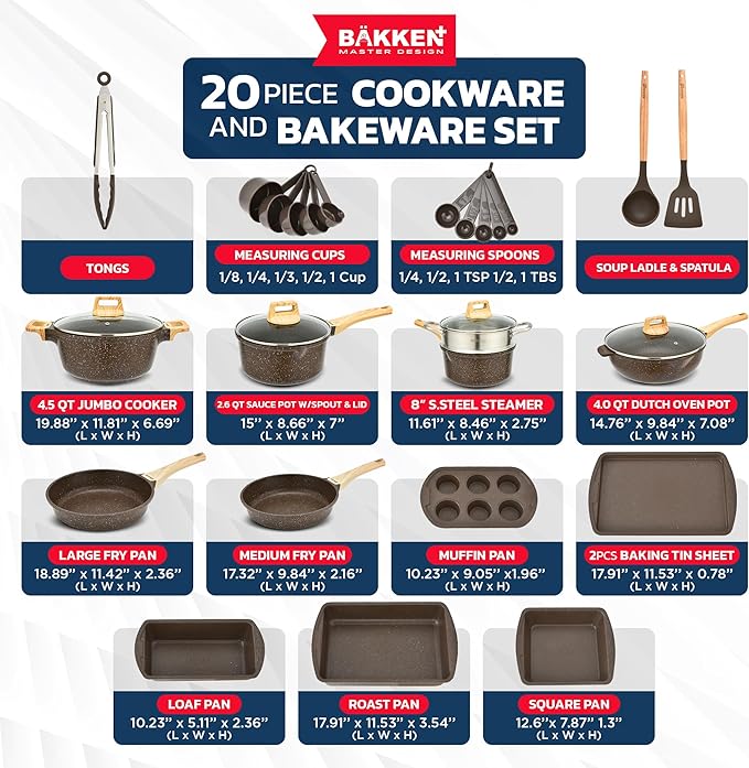 Bakken Master 20 Piece Cookware Set - Pots and Pans with Handle Grips and Tempered Glass Lids, With 6-piece Bakeware Set, Nonstick Granite Coating, Ceramic Max Temperature (Up To 500°F), Brown Marble