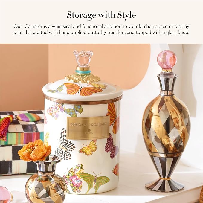 MACKENZIE-CHILDS Butterfly Garden Enamel Canister, Pretty Kitchen Storage Container with Lid, Medium