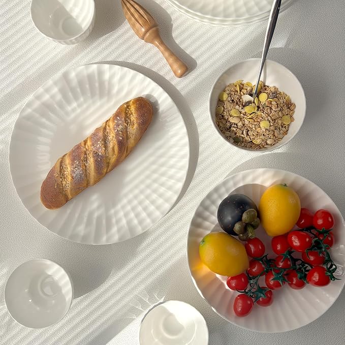 16-Piece Bone China Dinnerware Set for 4, White embossed dinnerware set, Plates and Bowls with Textured Design, Microwave Dishwasher Safe