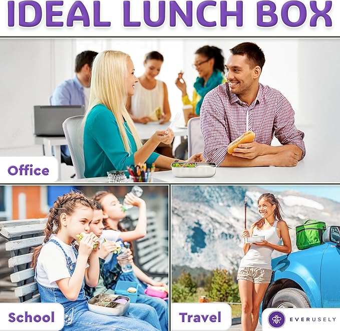 Everusely - Bento Box - Lavender, 37oz / 1.1 L - Stainless Steel Lunch Box with Leakproof Condiment Container - 3 Compartment Snack Organizer for On the Go Meals - Freezer & Dishwasher Safe