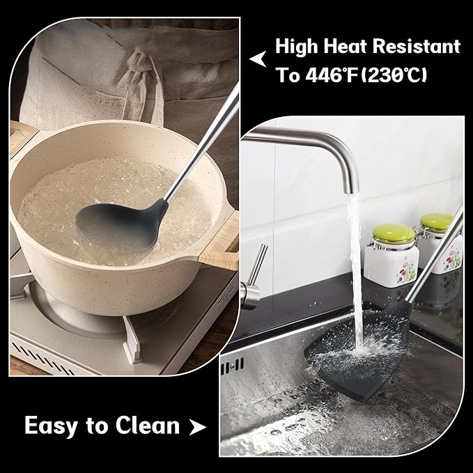FJNATINH Silicone Spatula - Ladle - Skimmer Set - Wok Ladle Tool Set,Stainless Steel Non Stick Heat-Resistant Cooking Utensils BPA Free Kitchen Utensils Cookware Wooden Handle, Pack of 3
