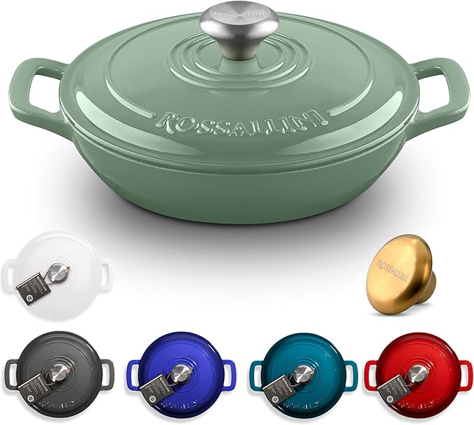Signature Enameled Cast Iron Braiser, Non-Stick Serving Pot with Tight Fitting Lid for Perfect Roasting, Baking, Sauteing, Searing, and Pan Frying | 5Q (4.7L) - Sage