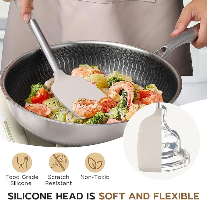Silicone Cooking Utensils Set of 15, Kitchen Utensils Set with Holder for Nonstick Cookware, 446°F Heat Resistant Stainless Steel Handle - Khaki