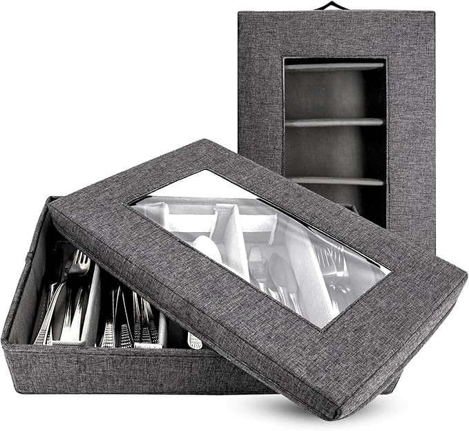 Homelux Theory Silverware Organizer with Lid, Hard Shell China Storage Containers for Flatware Storage, Heavy Duty Silverware Storage Box for Packing Serving Utensils with 5 Dividers and Thick Surface