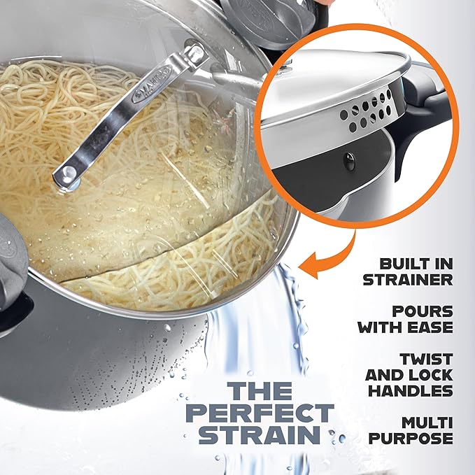 Gotham Steel 5 Quart Stock Pot Multipurpose Pasta Pot with Strainer Lid & Twist and Lock Handles, Ceramic Nonstick Cooking Pots + Pasta Strainer Lid, Spaghetti Pot, Dishwasher Safe